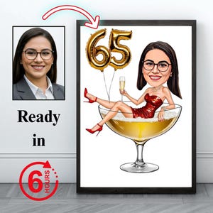 Caricatura personalizzata per il 65° compleanno di una donna, foto artistica in stile cartoon, regalo divertente per festeggiare l'anzianità, decorazione murale personalizzata per feste, opera d'arte per celebrare un traguardo importante.