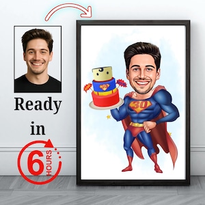 Personalisiertes Superheld-Karikaturporträt, benutzerdefinierte Superheld-Karikaturzeichnung vom Foto, lustige Superheld-Karikatur, Überraschungsgeschenk für Papa