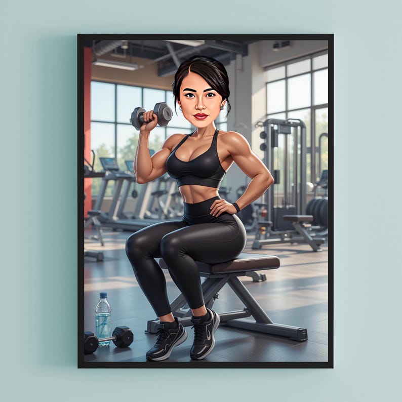 Puede incluir: Ilustraci&oacute;n de una mujer en un gimnasio, levantando una mancuerna. Lleva un sujetador deportivo negro, leggings y zapatillas deportivas. Una botella de agua y mancuernas est&aacute;n en el suelo. El fondo muestra equipos de gimnasio.