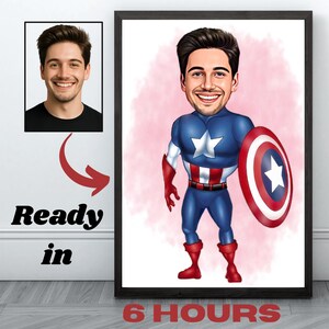 Ritratto personalizzato di Capitan America, ritratto di supereroe, regalo per papà, cartone animato personalizzato, caricatura di supereroe, supereroe
