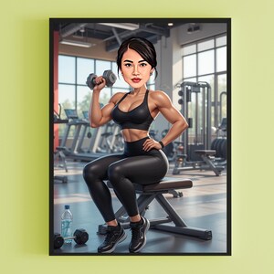 Puede incluir: Impresi&oacute;n art&iacute;stica digital enmarcada de una mujer en un gimnasio. La mujer lleva un sujetador deportivo negro, leggings y zapatillas deportivas, levantando una mancuerna. El fondo muestra equipos de gimnasio y ventanas.