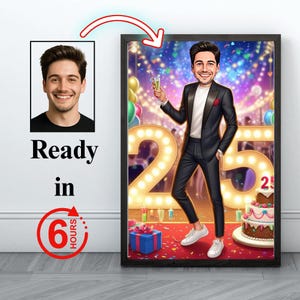 Retrato de desenho animado personalizado para o 25º aniversário do homem, caricatura de 25º aniversário, desenho animado de aniversário, presente de aniversário personalizado, aniversário do homem, cartão exclusivo para o 25º aniversário