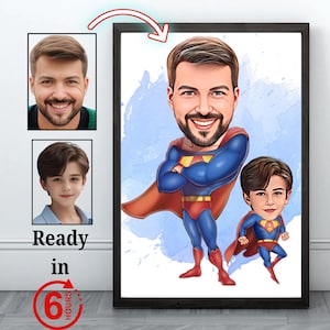 カスタムスーパーパパと息子の漫画ポートレート、スーパーパパの似顔絵、お父さんへのプレゼント、スーパーヒーローの絵、スーパーパパのポートレート、父の日のプレゼント