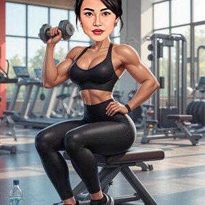 Puede incluir: Ilustraci&oacute;n de una persona en un gimnasio, levantando una mancuerna. La persona lleva un sujetador deportivo negro, leggings y zapatillas deportivas. Una botella de agua y otra mancuerna est&aacute;n en el suelo.