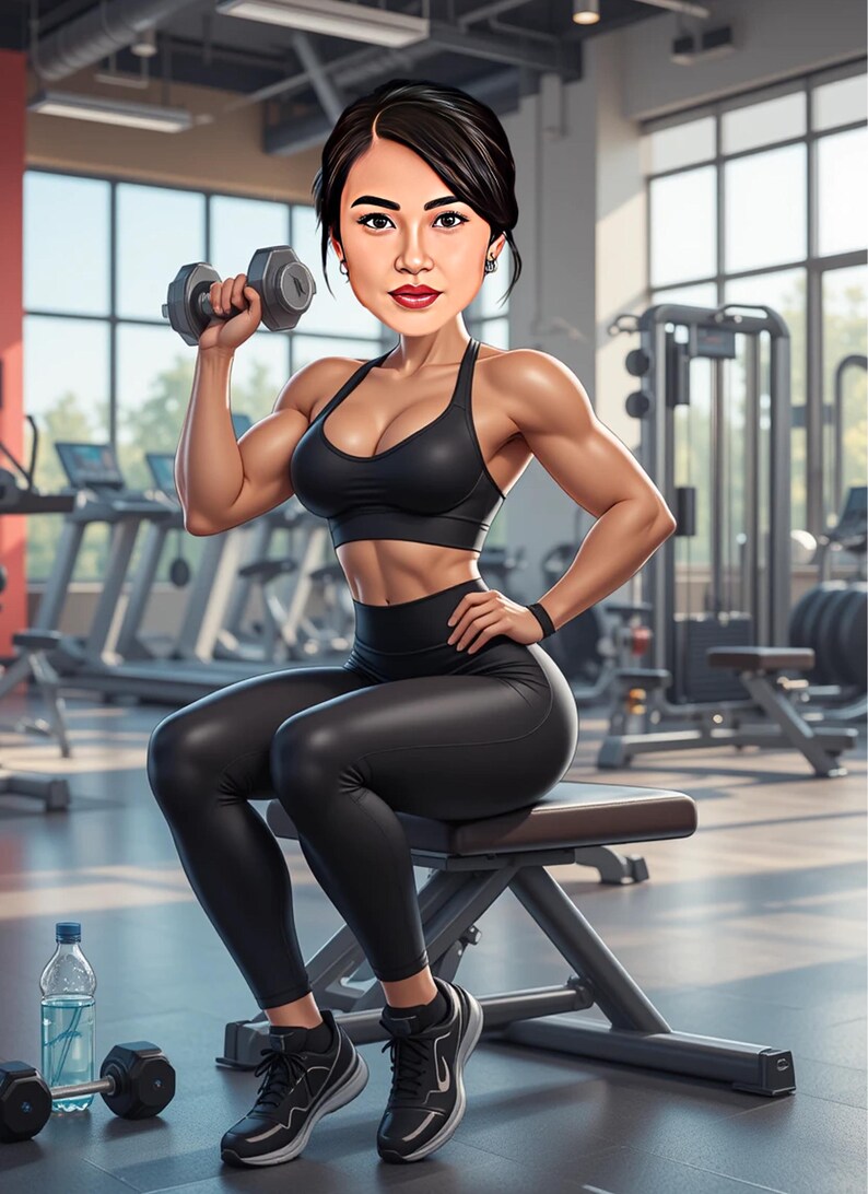 Puede incluir: Ilustraci&oacute;n de una persona en un gimnasio, levantando una mancuerna. La persona lleva un sujetador deportivo negro, leggings y zapatillas deportivas. Una botella de agua y otra mancuerna est&aacute;n en el suelo.