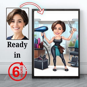 Custom Hairdresser Cartoon Portrait: Personalized Barber Gift (Digital Download A4 Size)