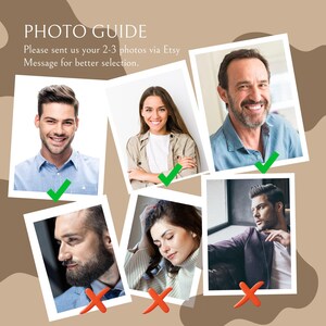 Puede incluir: Un collage de seis fotos sobre un fondo beige con el texto "GU&Iacute;A DE FOTOS. Por favor, env&iacute;enos 2-3 fotos a trav&eacute;s de Etsy Message para una mejor selecci&oacute;n." Tres fotos tienen marcas de verificaci&oacute;n verdes y tres tienen cruces rojas.