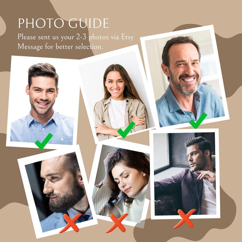 Puede incluir: Un collage de seis fotos sobre un fondo beige con el texto "GU&Iacute;A DE FOTOS. Por favor, env&iacute;enos 2-3 fotos a trav&eacute;s de Etsy Message para una mejor selecci&oacute;n." Tres fotos tienen marcas de verificaci&oacute;n verdes y tres tienen cruces rojas.