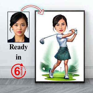 Female Golfer Gift – Custom Caricature Portrait, Golf Player Cartoon, Personalized Golf Art, Digital Download