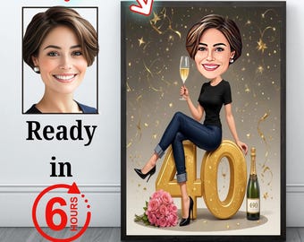 Caricatura personalizada de 40 cumpleaños: Retrato personalizado (descarga digital tamaño A4)