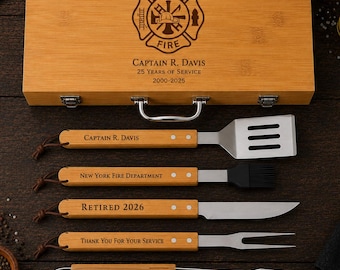 Personalized Firefighter Grilling Set, Firefighter Retirement Gifts, Firefighter Gift for Men, Fire Chief Gifts, Unique Firefighter Gifts