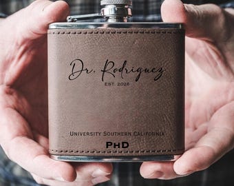 Personalized PhD Leather Flask, Custom PHD Graduation Gifts, Doctor Graduation Gift for Her, Doctorate Graduation