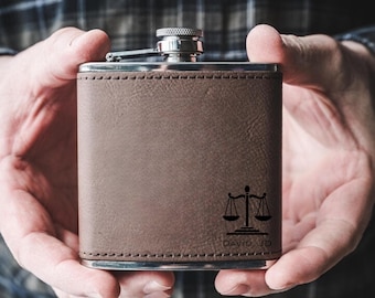 Personalized Justice Scales Leather Flask, Law School Graduation Gifts, Lawyer Gift, Litigation Paralegal, Law Student, Gift for Judge