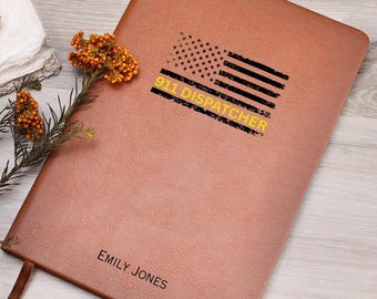 Personalized 911 Dispatcher Journal Leather, Custom Dispatcher Gifts, Thin Gold Line Gift, 911 Operator Gift for men