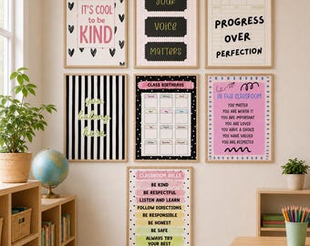 Paquete de decoración para el aula, decoración para el aula de primaria, póster para profesores, arte mural para el aula de regreso a clases, arte mural de la regla de oro