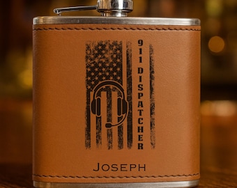 Personalized 911 Dispatcher Flask Leather, Custom Dispatcher Gifts, Thin Gold Line Gift, 911 Operator Gift for men