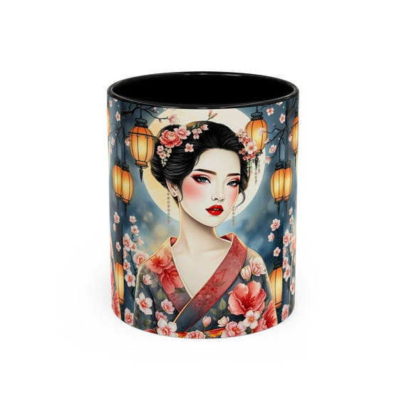 Elegant Japanese Geisha Accent Coffee Mug | Floral Tea Cup, Gift for Her, Home Decor, Japanese Art Mug, Coffee Lover's Gift