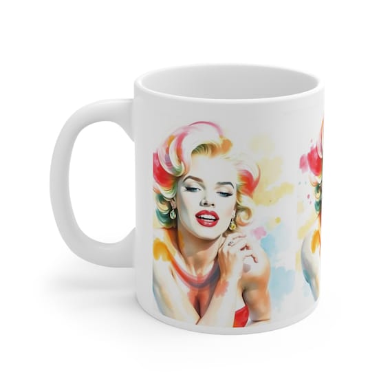 Vintage White Glamour Art Mug, Stylish Coffee Cup, Retro Gift for Her, Marilyn Monroe Artwork, Unique Kitchen Decor, Collectible Drink-ware