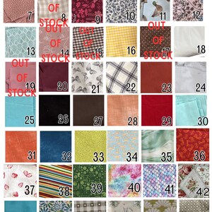 May include: A grid of fabric swatches in various colors and patterns. Designs include gingham, floral, butterfly, and abstract prints. Some swatches have "OUT OF STOCK" text. The text "PAGE 1/2" is at the bottom.