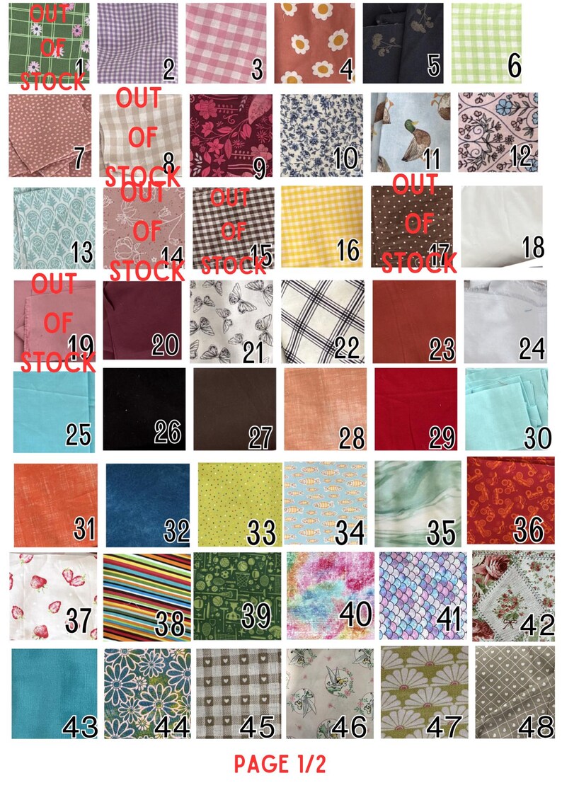May include: A grid of fabric swatches in various colors and patterns. Designs include gingham, floral, butterfly, and abstract prints. Some swatches have "OUT OF STOCK" text. The text "PAGE 1/2" is at the bottom.