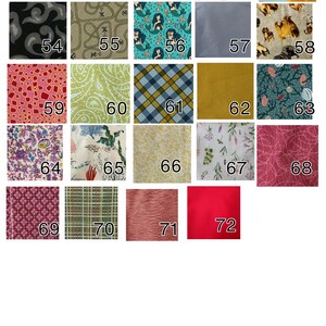 May include: A collection of fabric swatches, each with a unique pattern and color. Designs include polka dots, floral prints, mermaids, ladybugs, plaid, and solid colors. The image also includes the text "MORE COLORS AND PATTERS COMING SOON!! PAGE 2/2."
