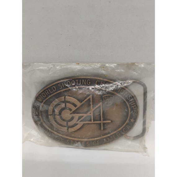 Vintage 1986 World Shooting Championships Guns Brass Belt Buckle NOS