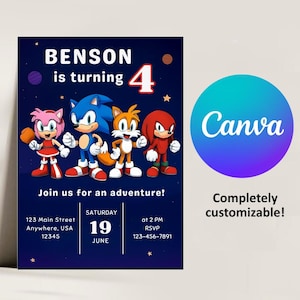 Sonic Birthday Invitation Editable Sonic the Hedgehog Party Invite Printable Template for Boys and Girls Instant Download Canva Invite