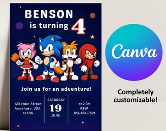 Sonic Birthday Invitation Editable Sonic the Hedgehog Party Invite Printable Template for Boys and Girls Instant Download Canva Invite