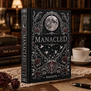 Op de afbeelding: Een zwart hardcover boek getiteld "MANACLED" met een ontwerp met een volle maan, raven en rozen. De rug toont de titel verticaal. Het boek ligt op een houten tafel, met een kopje koffie en een pen.