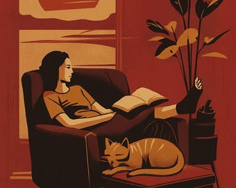 May include: Illustration of a person relaxing in a chair with a book, a sleeping cat, and a potted plant. The color palette is warm, featuring shades of red, brown, and beige. A window with a sunset view is in the background.