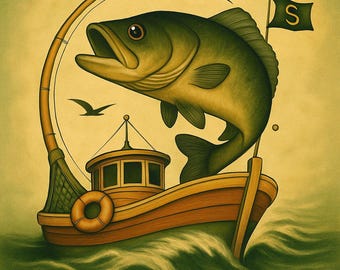 May include: Illustration of a fishing boat with a large green fish jumping out of the water. The boat is brown and yellow with a life preserver and a flag with the letter "S". A fishing rod arches over the fish.