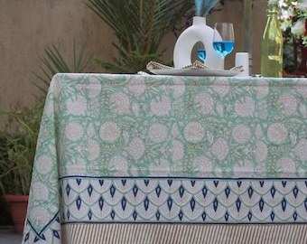 Mantel floral verde salvia, algodón estampado a mano, decoración de cocina bohemia
