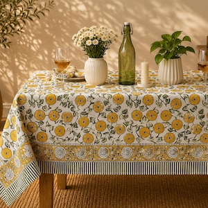 Yellow Floral Handmade Cotton Tablecloth: Fall Housewarming Gift, Vintage reusable Wedding Table setting 6 Seater 60x90''