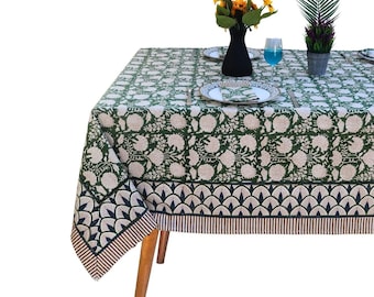 Mantel artesanal con estampado floral: algodón verde salvia, decoración para bodas.