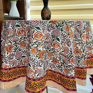 Cotton Handmade ,Boho Indian Hand Block Printed Tablecloth, dinning Table Cover,  Farmhouse Décor, Housewarming Gifts, French Tablecloth