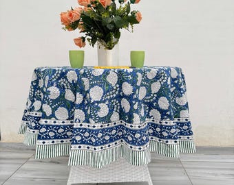 Nappe à motifs floraux imprimée à la main – Nappe en coton bleu style bohème