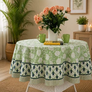 Hand Block Printed Cotton Tablecloth: Boho Floral Dining Decor