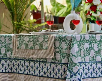 Indoor/Outdoor Table Cloth 100% Cotton Floral Block Print Handmade Indian Rectangle Tablecloth, Boho Table Cover e Table Top Décor Set.