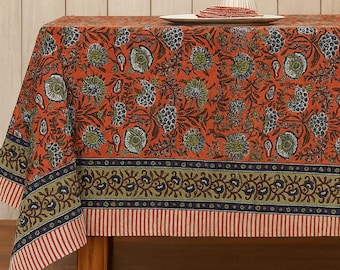 Hand Block Printed Cotton Tablecloth: Boho Floral Dining Decor  Kitchen and Table decor vintage handmade table party decor