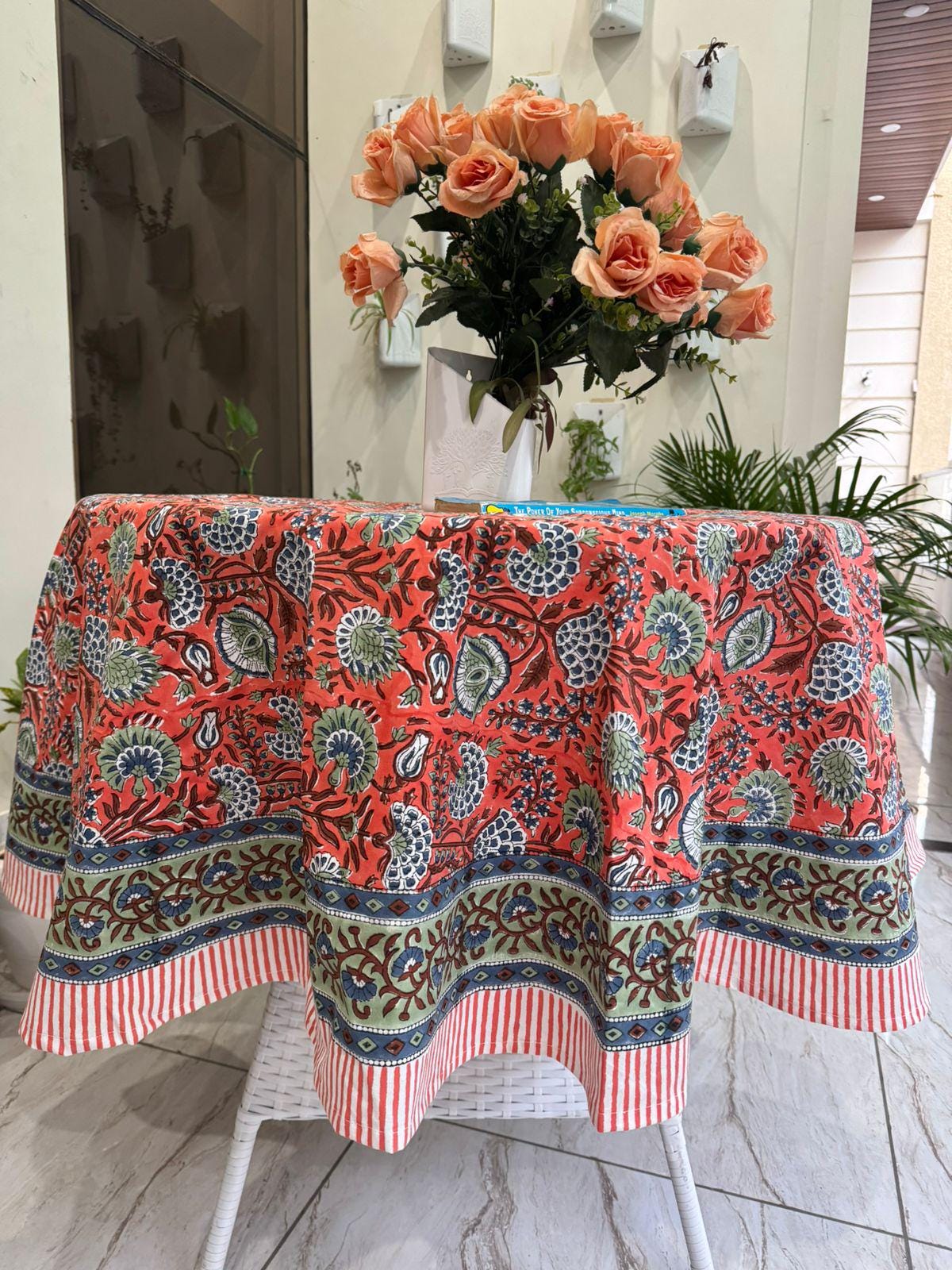 Boho Handmade Vintage Cotton Tablecloth, Square Round or Rectangle Table Cover, Indian Block Printed Cotton Floral Tablecloth, Dinning decor