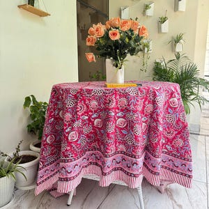 Tovaglia da pranzo e da cucina in 100% cotone, fatta a mano con motivi floreali, tovaglia rotonda francese con stampa indiana a blocchi, decorazione da tavolo, decorazioni eleganti
