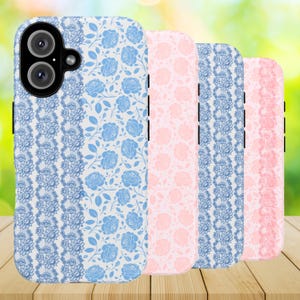 Coque de portable en dentelle florale - iPhone, Google Pixel, Samsung Galaxy, Housse pour téléphone portable en toile bleu pastel avec fleurs, Cadeau rose élégant pour femme | PC0036