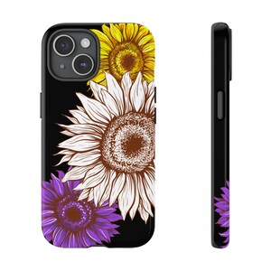 May include: A black smartphone case featuring a floral design with three sunflowers. The top sunflower is yellow, the middle one is white with brown details, and the bottom one is purple. The side view shows the black edge of the phone case.