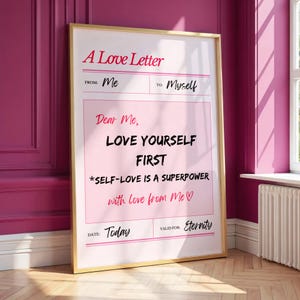 Poster sulla salute mentale &quot;Ama te stesso prima di tutto&quot; - Arte digitale rosa ispiratrice per la crescita mentale, la cura di sé e la guarigione, moderna arte murale