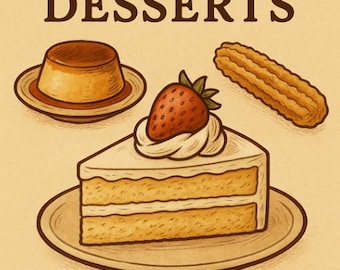May include: Illustration of various Mexican desserts on a beige background. The image features a slice of cake topped with a strawberry, a flan, a churro, a concha, and a sweet bread. The words "MEXICAN DESSERTS" are at the top.