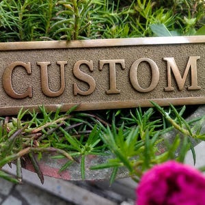 May include: A rectangular brass plaque with pointed ends and two screw holes, featuring the word CUSTOM in raised, polished capital letters against a textured, dark bronze-colored background. The metal surface has a metallic sheen.