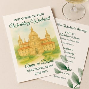 Plantilla de itinerario de fin de semana de boda e invitación de bienvenida (Canva editable) - Invitación imprimible para boda de destino