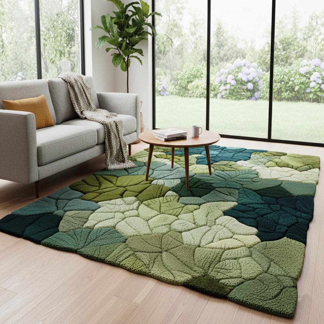 Abstract Leaf Pattern Area Rug Green Leaf Pattern Area Rug Handmade Wool Cotton Modern Living Room ...