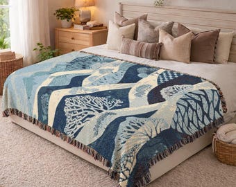 Woven Blanket Navy Blue Abstract Landscape Cotton Throw Blanket Aesthetic Room Decor Wall Tapestry Housewarming Gift For New Home 553