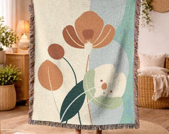 Woven Blanket Colorful Geometric Flower Design Birthday Gift for Her Aesthetic Bedroom Decor Abstract Botanical Cotton Throw Rug S819